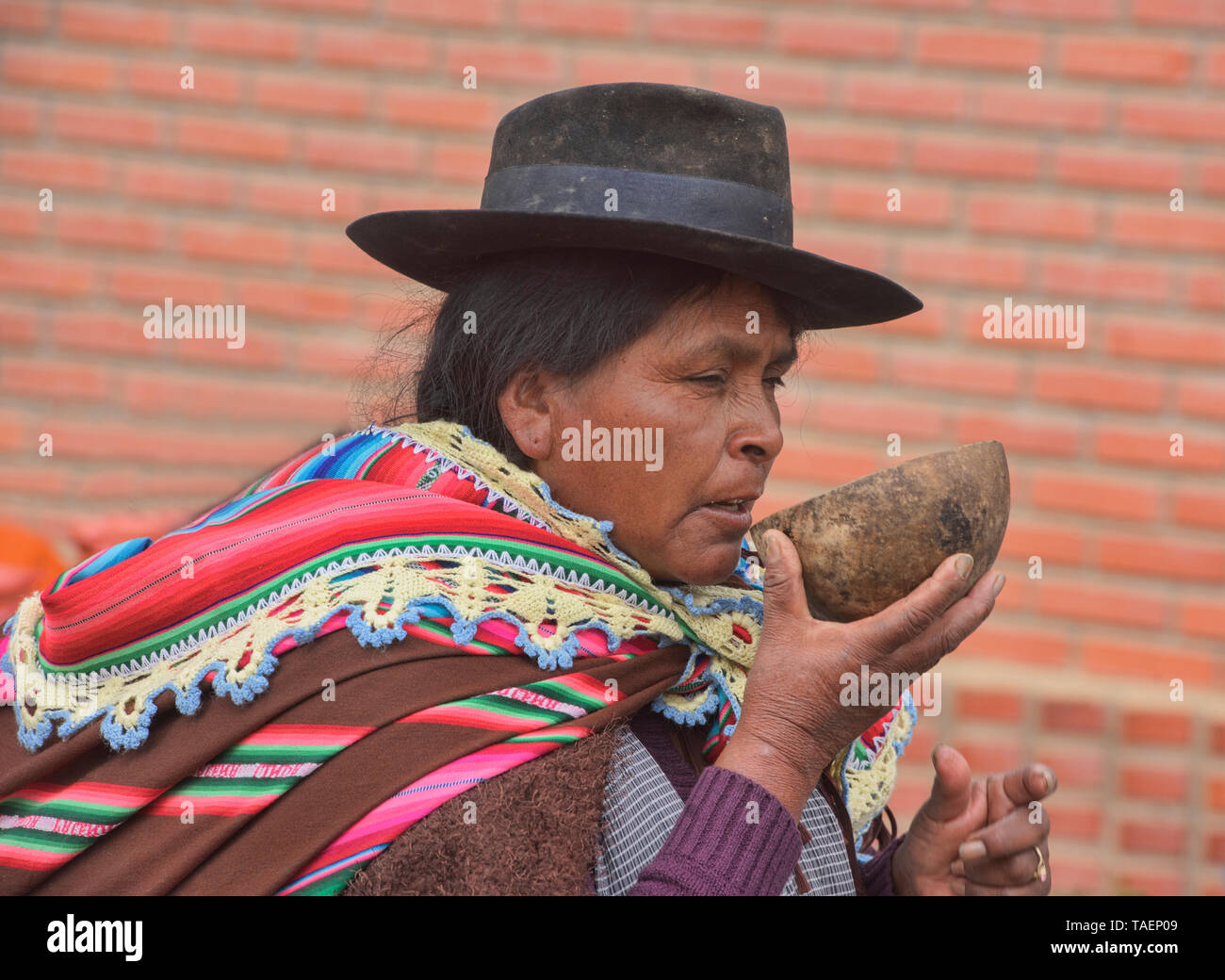 Donna Yampara chicha bere birra di mais al mercato di domenica in Tarabuco, Bolivia Foto Stock