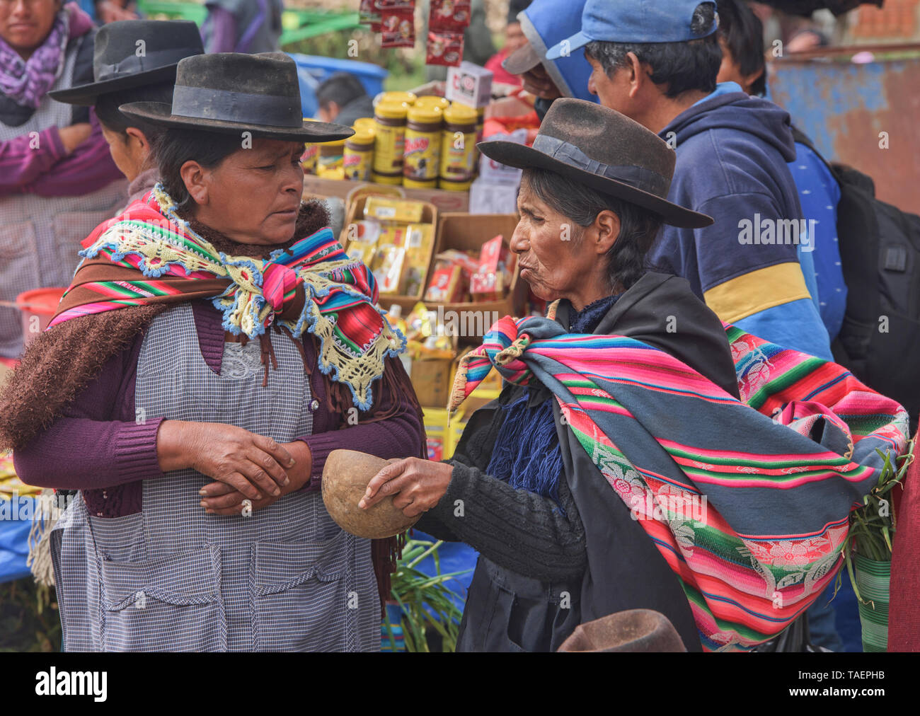 Donne Yampara chicha bere birra di mais al mercato di domenica in Tarabuco, Bolivia Foto Stock