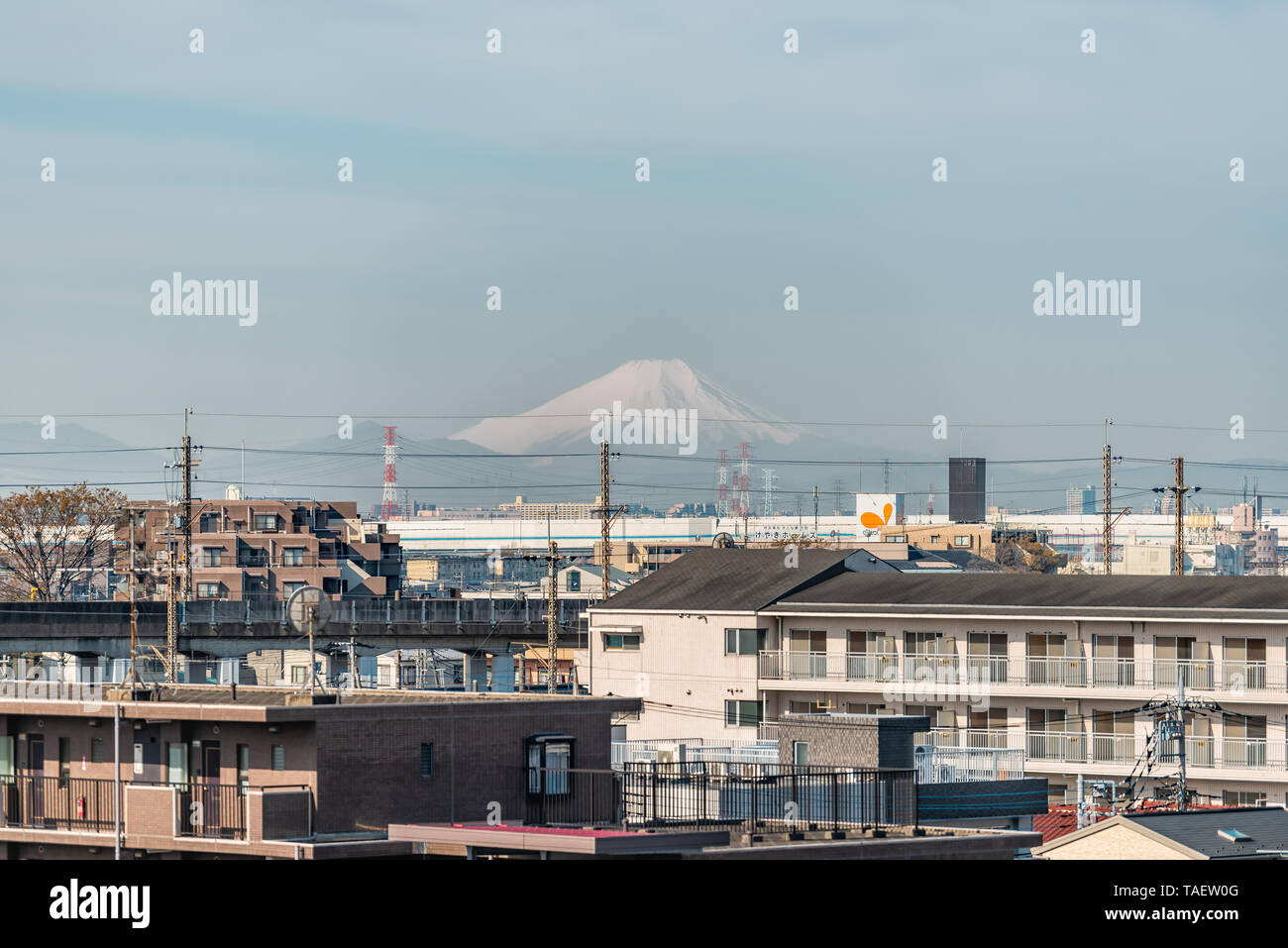 Tokyo, Giappone - Aprile 4, 2019: Paesaggio urbano della città durante il giorno con vista del Monte Fuji di montagna e di edifici di appartamenti Foto Stock