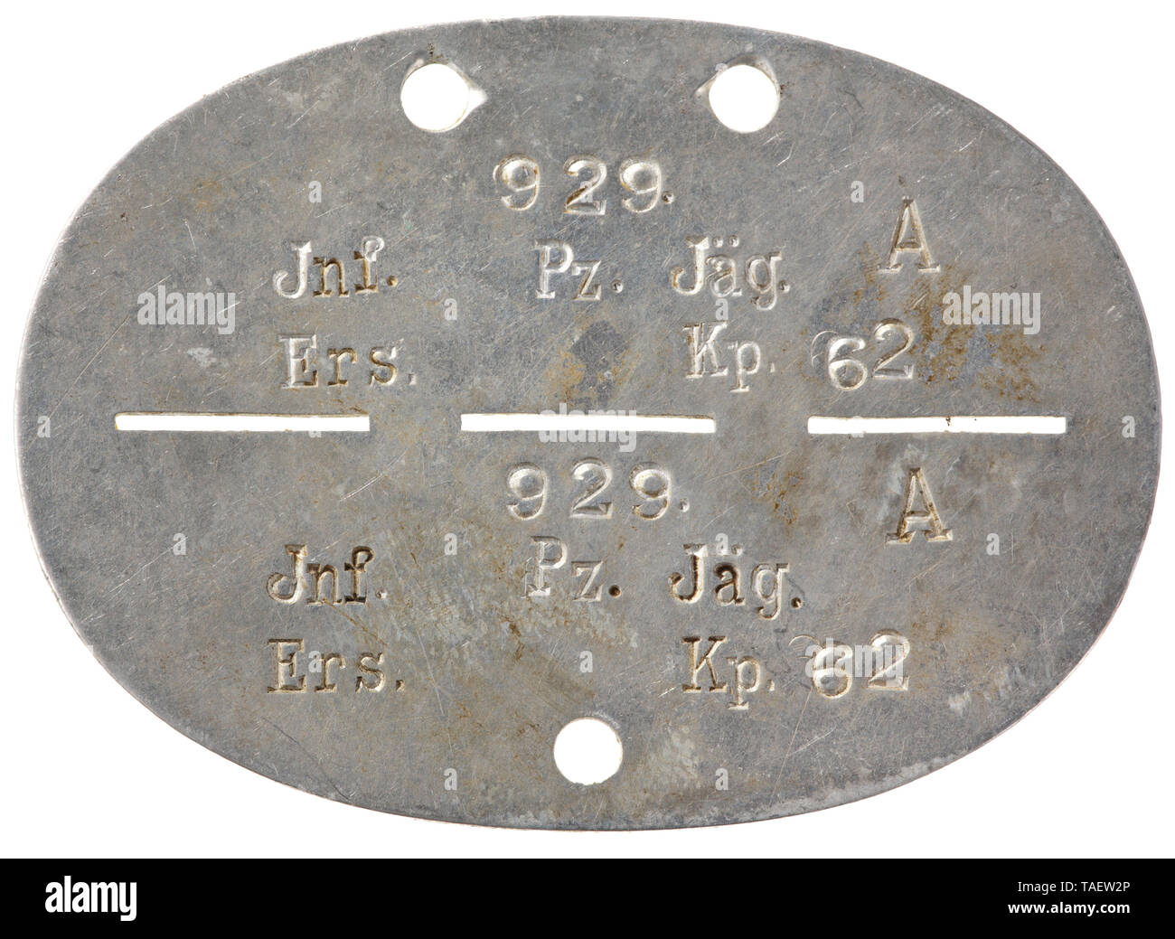 Un contrassegno di identificazione per un anti-serbatoio in alluminio azienda mit vs. Bezeichnung '929 - Inf. Pz. Jäg. Ers. Kp. 62 - UN' rs. ohne Markung. storica, storica del xx secolo, Editorial-Use-solo Foto Stock