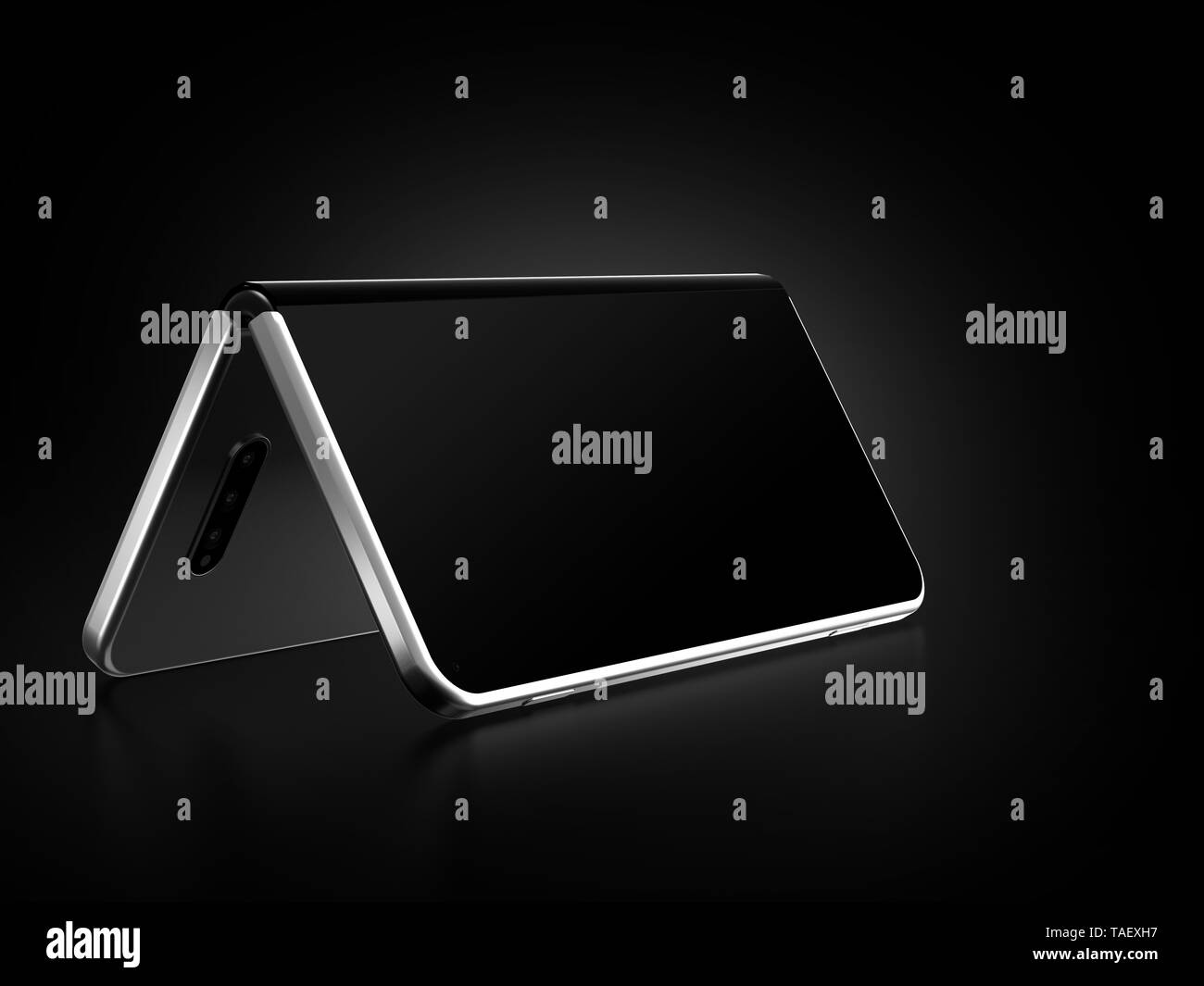 Concetto di smartphone pieghevole piegatura sul lato più lungo. Lo smartphone flessibile isolato su sfondo nero. Il rendering 3D Foto Stock