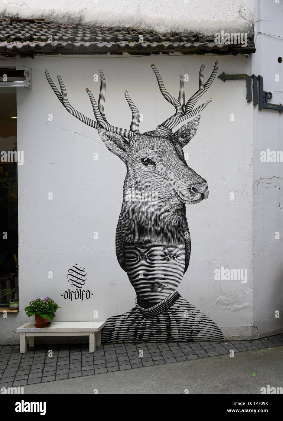 Pittura a parete in M50 (Moganshan Road) quartiere d'arte contemporanea a Shanghai Foto Stock