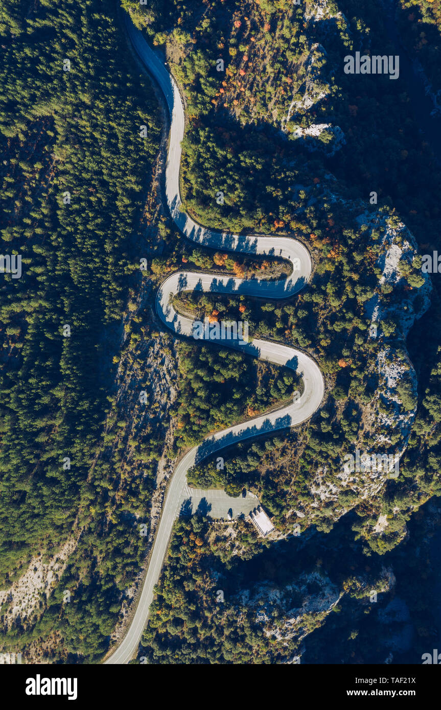 Spagna, Navarra, foresta di Irati, vista aerea di strada tortuosa Foto Stock