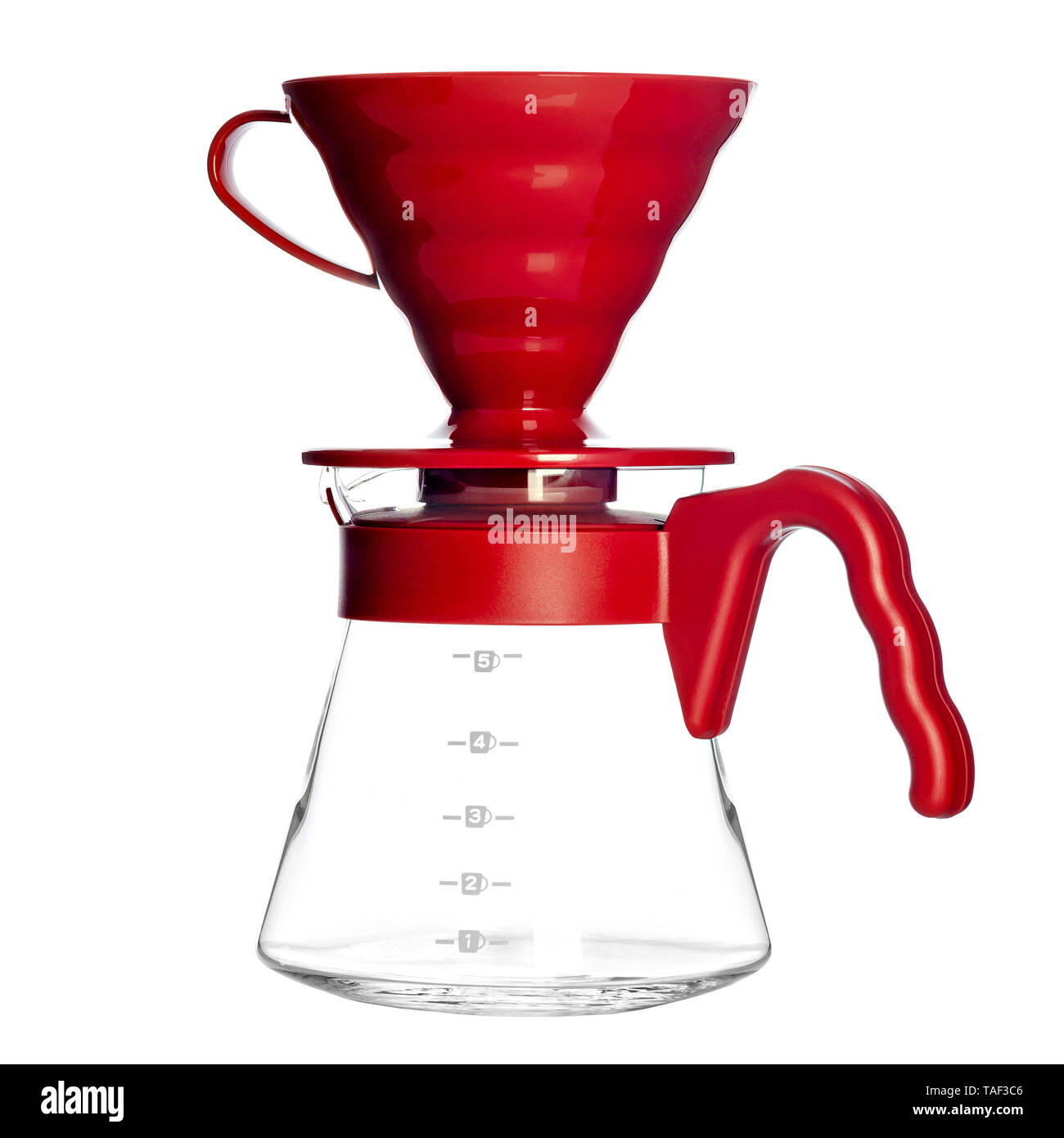Caraffa di vetro e Purover - Imbuto per preparare il caffè. Erogazione alternativi. isolare. Foto Stock