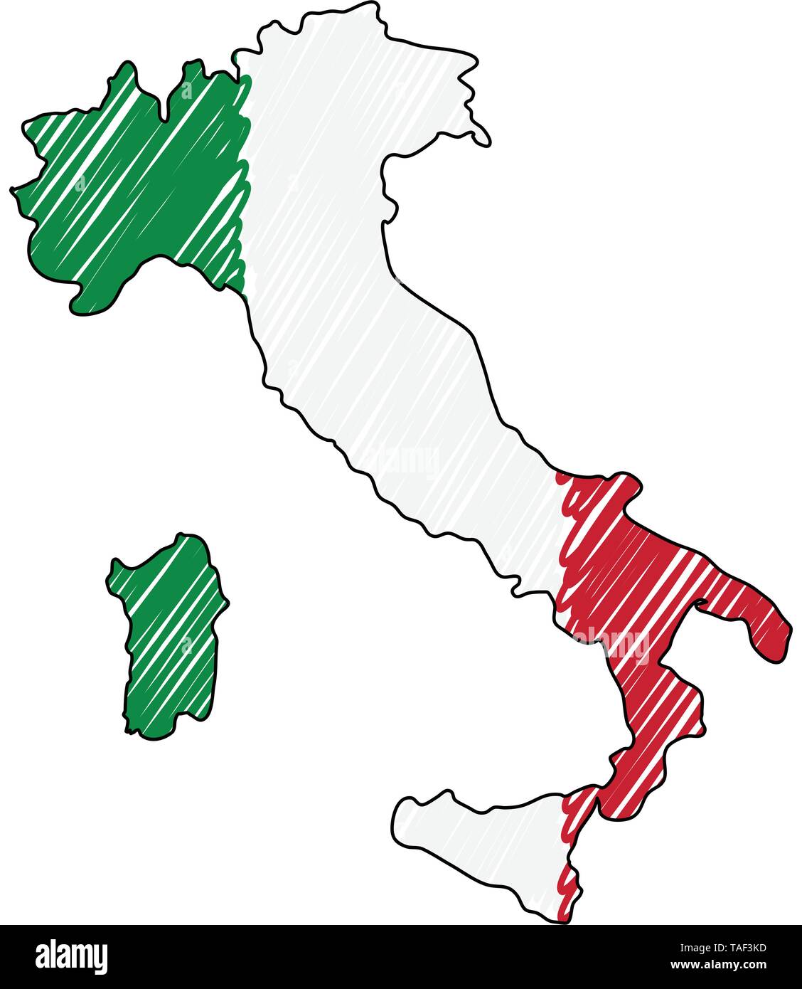Italia mappa disegnata a mano sketch. Concetto di vettore illustrazione  flag di disegno per bambini, scribble mappa. Mappa del paese per una  infografica, brochure e Immagine e Vettoriale - Alamy