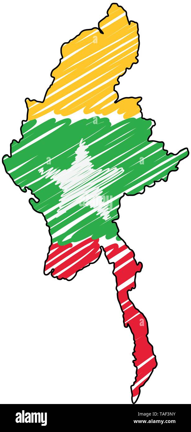 Myanmar mappa disegnata a mano sketch. Concetto di vettore illustrazione flag di disegno per bambini, scribble mappa. Mappa del paese per una infografica, brochure e Illustrazione Vettoriale