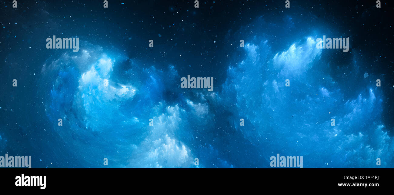 Blu brillante schermo widescreen nebulosa frattali generati da computer sfondo astratto, rendering 3D Foto Stock