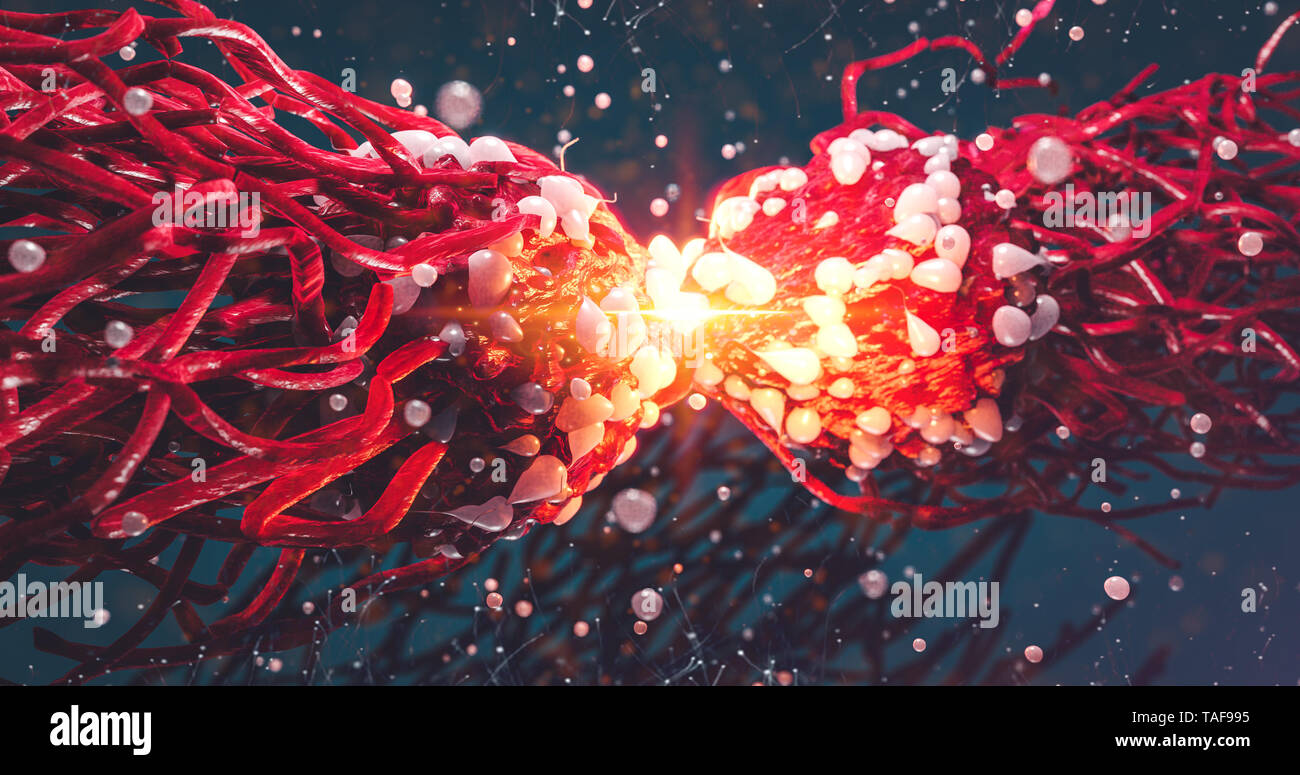 Dividere la cellula di cancro oncologia il concetto di ricerca 3d illustrazione proteine con linfociti di editing del gene , cellule T o cellule del cancro, la meiosi, la mitosi 3d Foto Stock