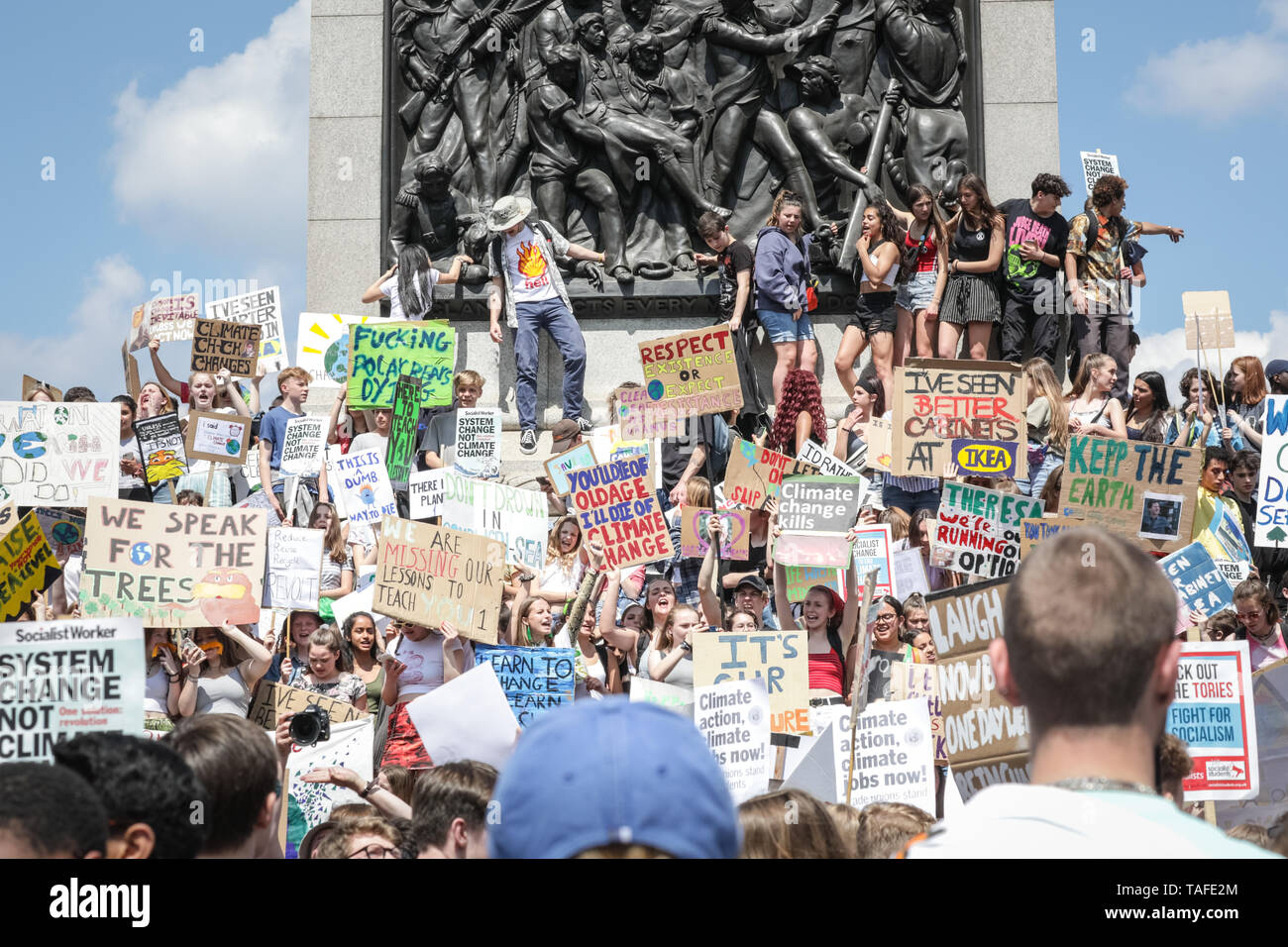 Westminster, Londra, Regno Unito - 24 maggio 2019. Venerdì per il futuro sciopero giovanile. I giovani manifestanti su Trafalgar Square con cartelli. Migliaia di giovani, alcuni con i loro genitori, ancora una volta si riversano per le strade di Westminster per protestare contro l'impatto del cambiamento climatico e dei problemi ambientali, nonché contro l'inattività dei governi. I siti di protesta includono Parliament Square, Whitehall e Trafalgar Square a Londra, e molte altre città nel Regno Unito e in tutto il mondo. Credit: Imageplotter/Alamy Live News Foto Stock