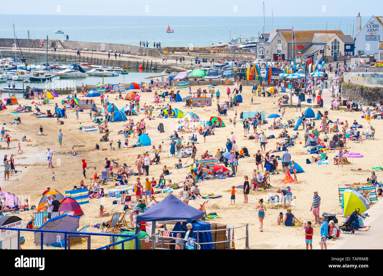 Lyme Regis, Dorset, Regno Unito. 25 maggio 2019. Meteo REGNO UNITO: folle di turisti e visitatori accorrono per la spiaggia di Lyme Regis a crogiolarvi al sole caldo come il resort costiero sfrigola su il giorno più caldo dell'anno finora. Il sabato è impostata in modo da essere il più soleggiato giorno di fine maggio weekend festivo. Credito: Celia McMahon/Alamy Live News. Credito: Celia McMahon/Alamy Live News Foto Stock