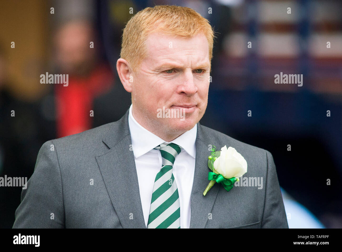 Glasgow, Scozia, 25 maggio 2019. Celtic intern manager Neil Lennon arriva in anticipo del William Hill Coppa Scozzese finale tra Celtic e cuori all'Hampden Park il 25 maggio 2019 a Glasgow, in Scozia. Solo uso editoriale, è richiesta una licenza per uso commerciale. Nessun uso in scommesse, giochi o un singolo giocatore/club/league pubblicazione. Credito: Scottish Borders Media/Alamy Live News Foto Stock