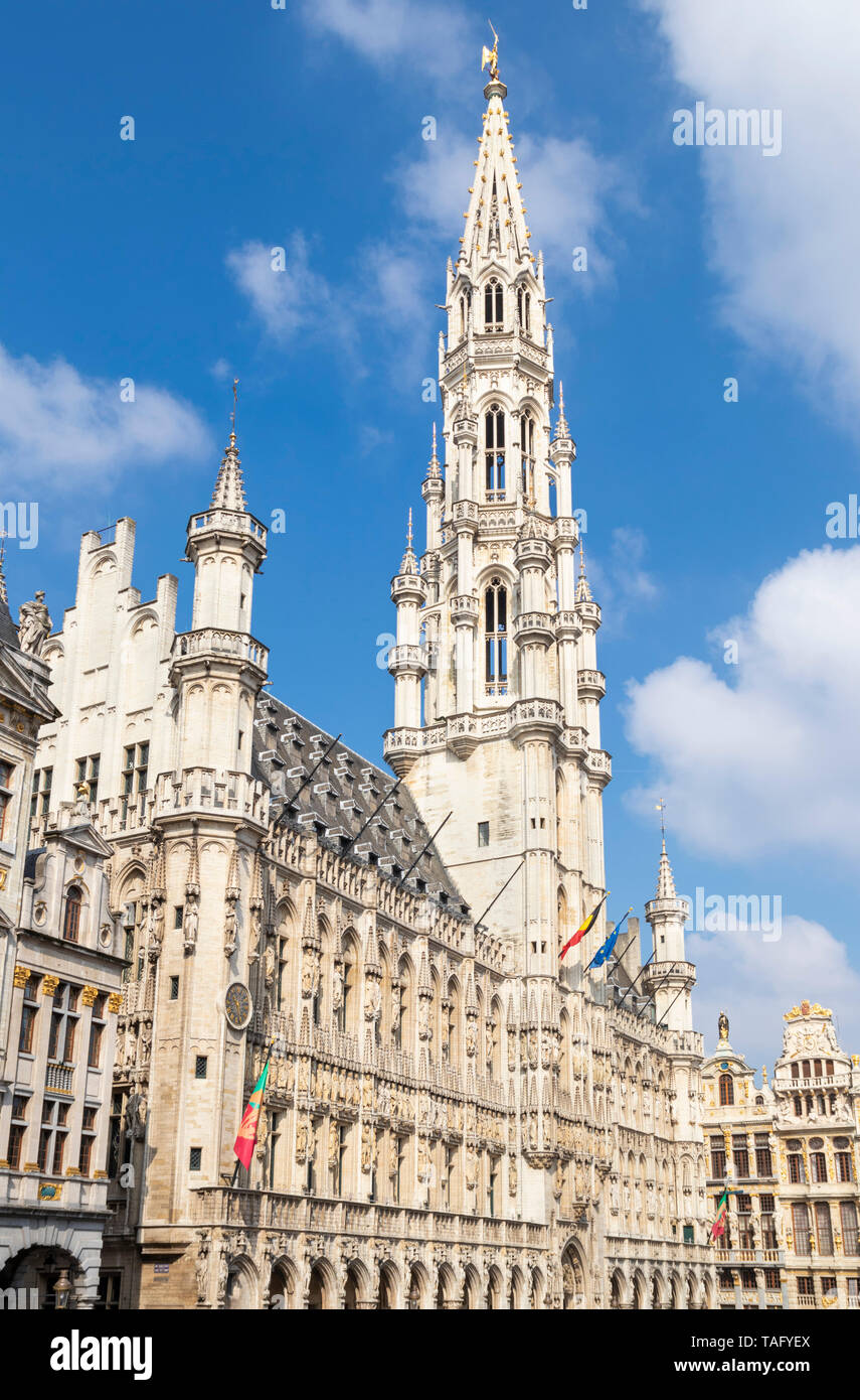 Bruxelles Municipio Bruxelles la torre gotica guglia Hôtel de Ville de Bruxelles Bruxelles Grand Place Bruxelles Bruxelles Belgio UE Europa Foto Stock