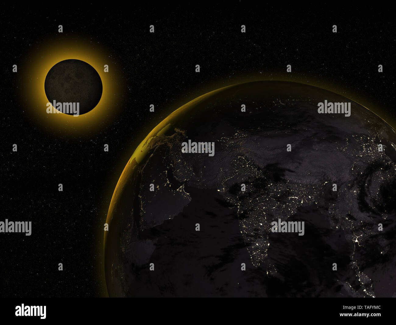 3D rendering di una luna piena di eclipse e il pianeta terra dallo spazio. Foto Stock