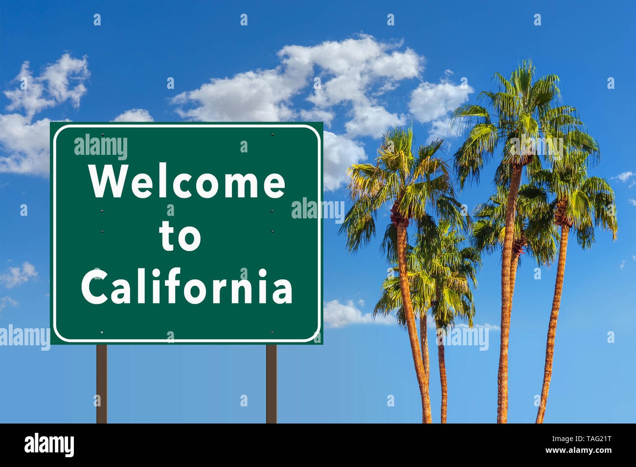 Benvenuto a California cartello stradale con palme Foto Stock