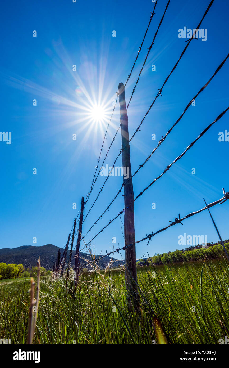 Close-up di filo spinato e recinzione di legno posti contro il cielo blu e chiaro; Ranch in Colorado centrale; USA Foto Stock