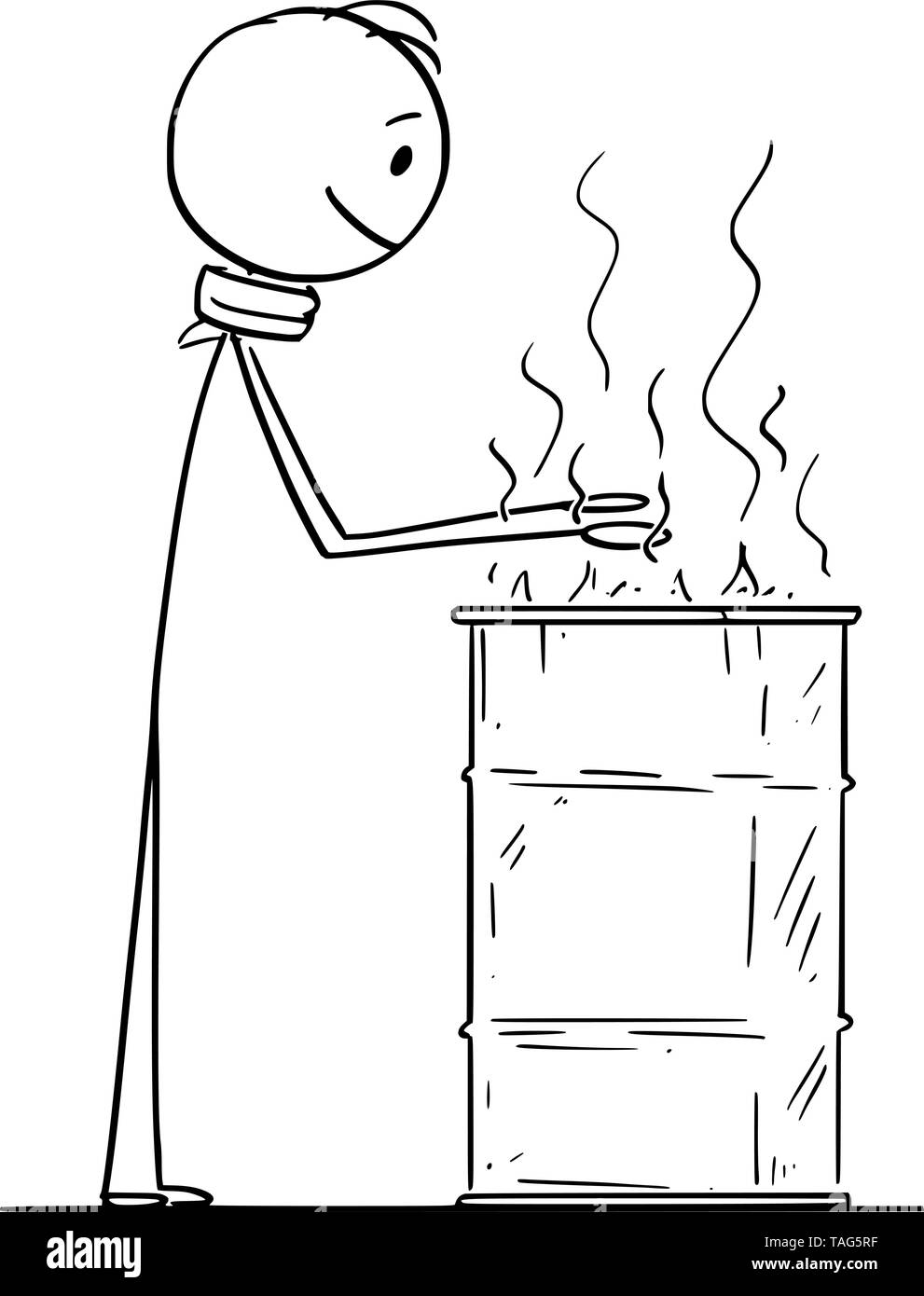 Vector cartoon stick figura disegno illustrazione concettuale dei senzatetto di riscaldamento alla canna con fuoco ardente. Illustrazione Vettoriale