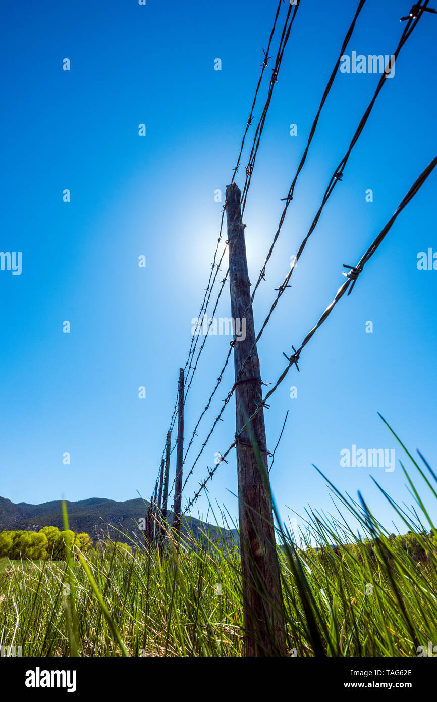 Close-up di filo spinato e recinzione di legno posti contro il cielo blu e chiaro; Ranch in Colorado centrale; USA Foto Stock