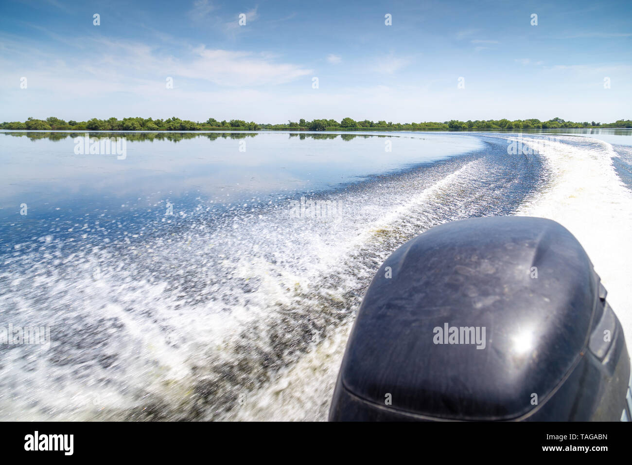 Sentiero delle belle acqua dalla barca a motore nel Delta del Danubio, Romania. Motore fuoribordo closeup e trail di schiuma sull'acqua. Foto Stock