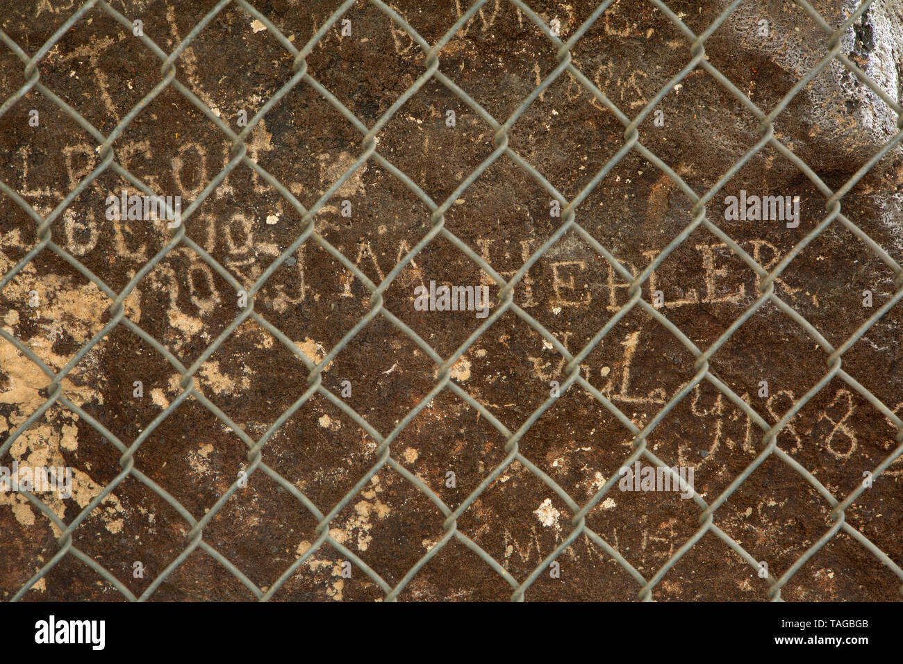 Registrati iscrizioni rupestri, Massacro Rocks Parco Statale, Oregon Trail National Historic Trail, Idaho Foto Stock