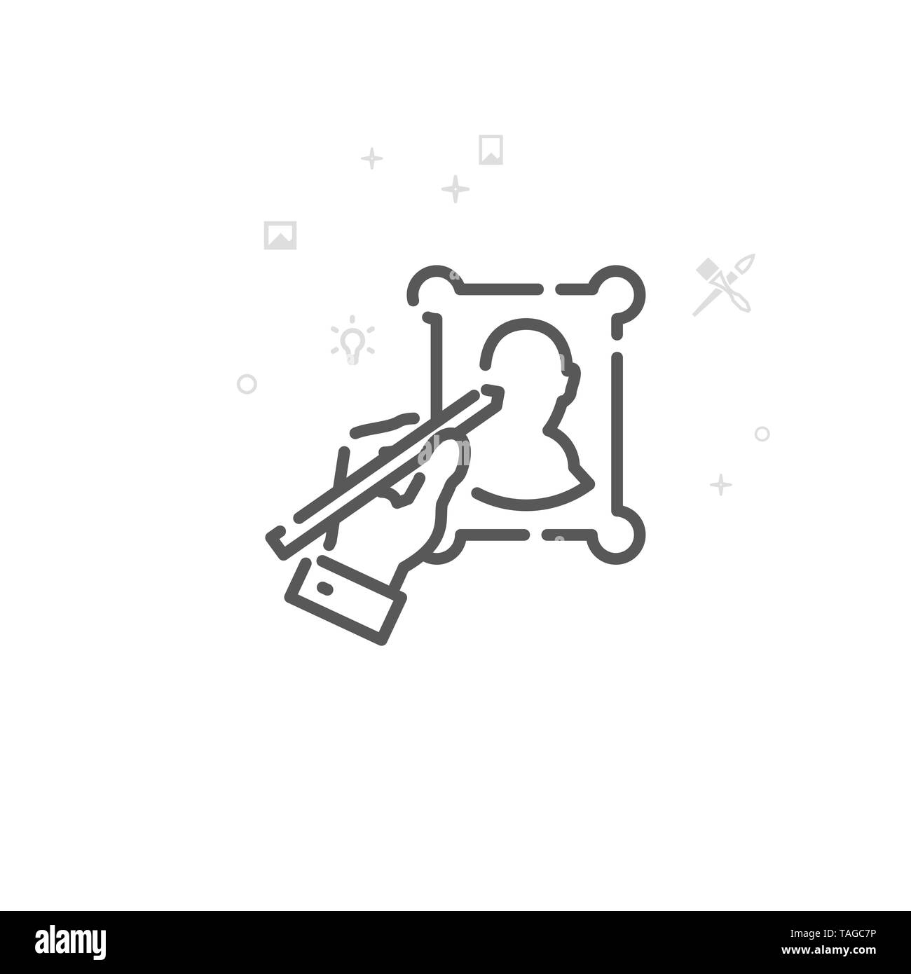 Disegna a mano la linea verticale e la relativa icona. Arte, Design e creatività simbolo, il pittogramma, segno. Luce geometrica astratta sfondo. Foto Stock