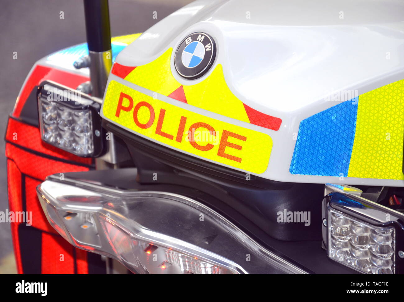 Parte posteriore di Greater Manchester moto della polizia di Manchester, Regno Unito Foto Stock