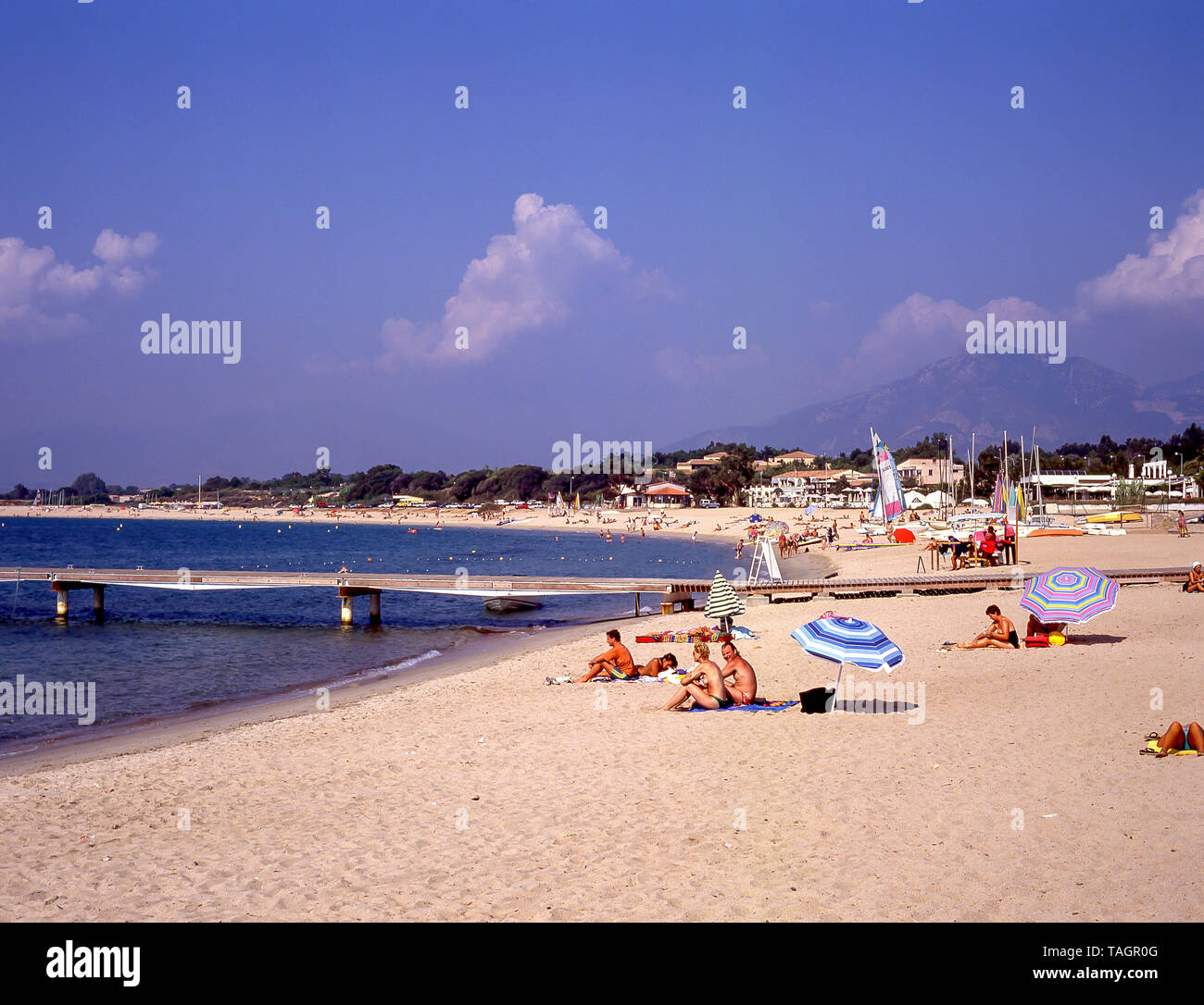 Beach resort vista, Porticcio, Corsica (Corse), Francia Foto Stock
