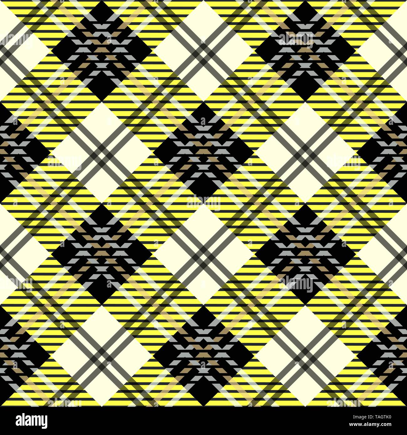 Seamless plaid tartan pattern. Tessuto texture design a scacchi. Giallo scuro strisce nere sul vivace sfondo bianco Illustrazione Vettoriale