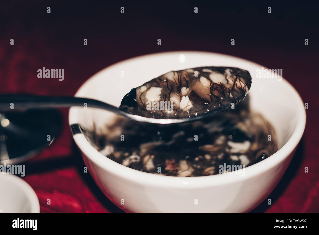 Mangiare autentico Bird's Nest zuppa anche noto come "caviale dell'Est'. Messa a fuoco selettiva. Foto Stock