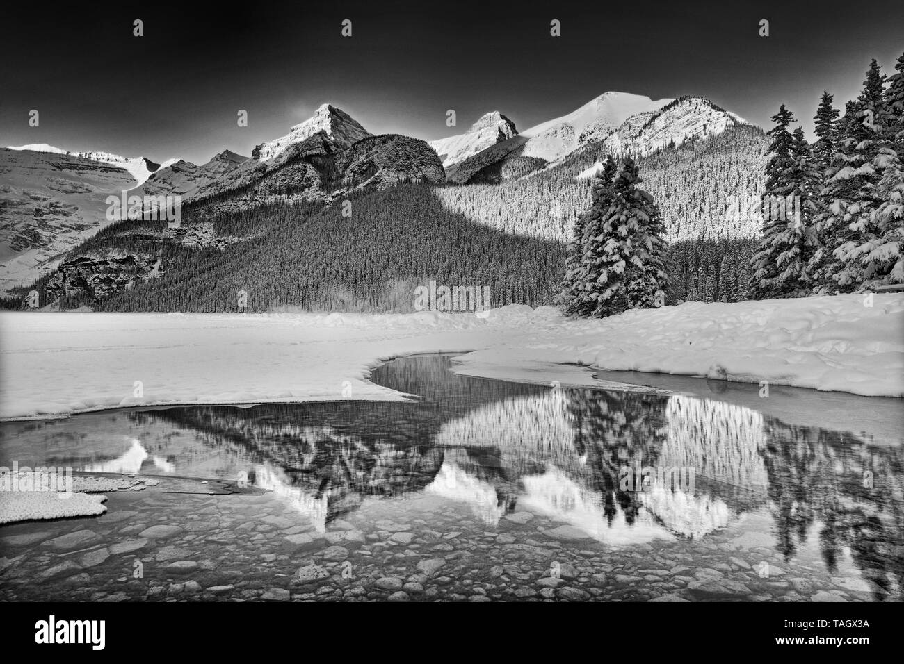 Nelle Montagne Rocciose Canadesi si riflette nel Lago Louise al Sunrise, il Parco Nazionale di Banff, Alberta, Canada il Parco Nazionale di Banff Alberta Canada Foto Stock