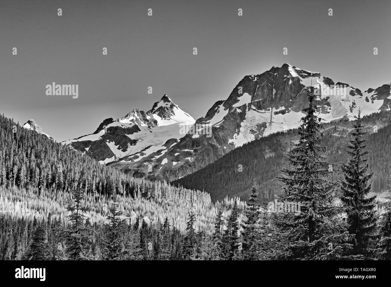 Picco di montagna visto dal basso Joffre Lago, Joffre Laghi Parco Provinciale, British Columbia, Canada Foto Stock