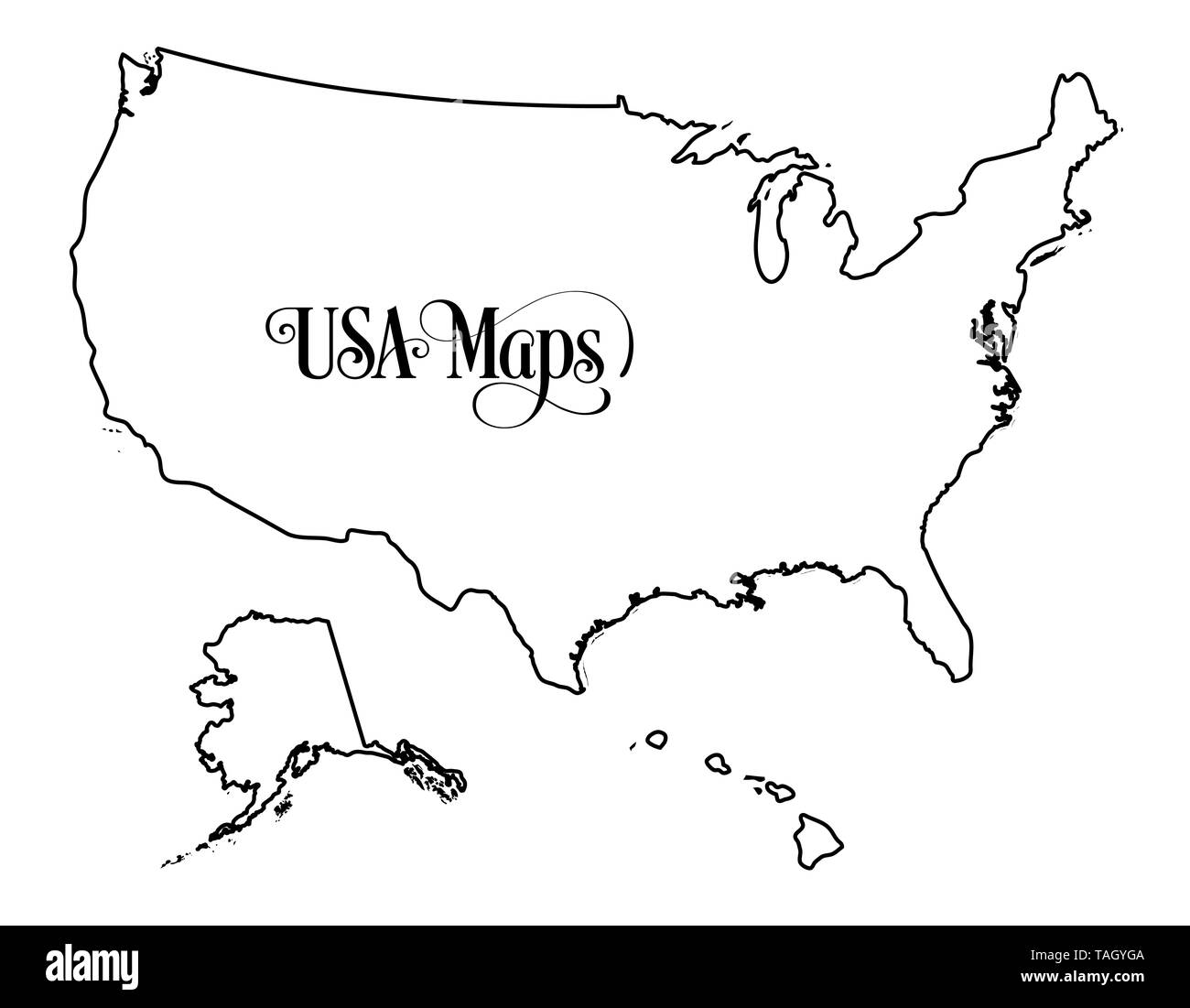 Mappa degli Stati Uniti d'America (USA) illustrazione di contorno su sfondo bianco. Foto Stock