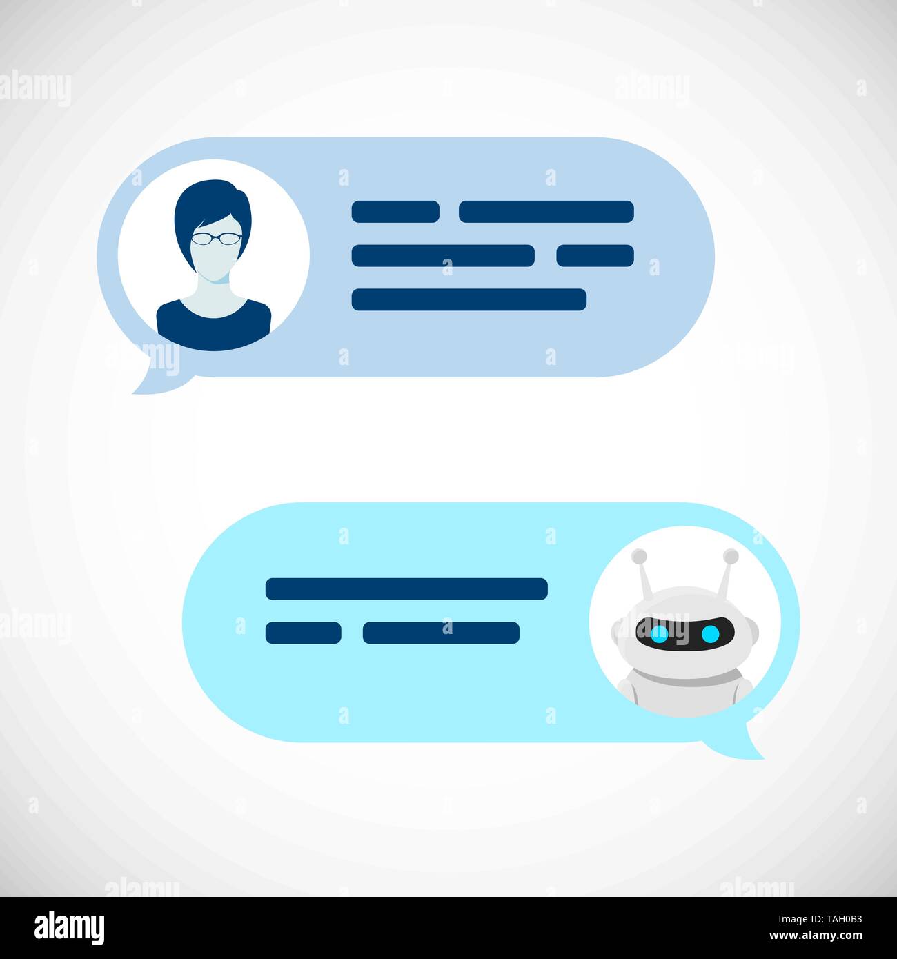 Robot Chatbot concetto. Finestra di dialogo Servizio di guida. Utente e bot di messaggi vocali. Illustrazione Vettoriale Illustrazione Vettoriale