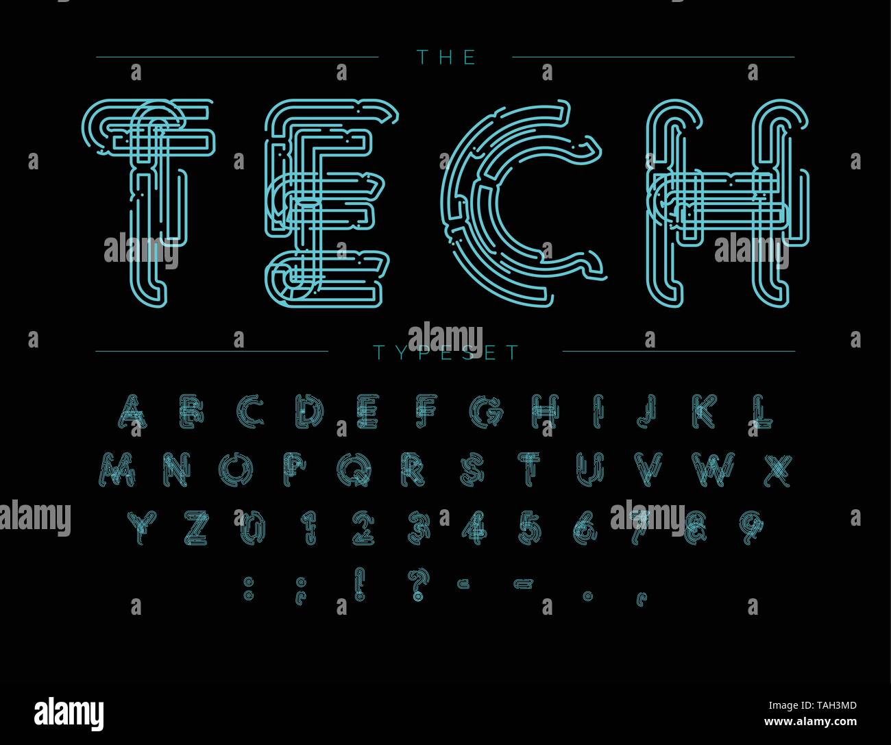 Cyber Tech Font. Schema di contorno stile alfabeto di vettore. Lettere e numeri per i prodotti digitali, sistema di protezione logo, banner, monogramma e poster Illustrazione Vettoriale
