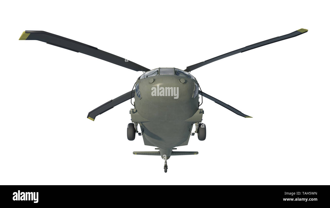 Elicottero in volo, aeromobili militari dell esercito isolato del trinciapaglia su sfondo bianco, anteriore vista dal basso, rendering 3D Foto Stock