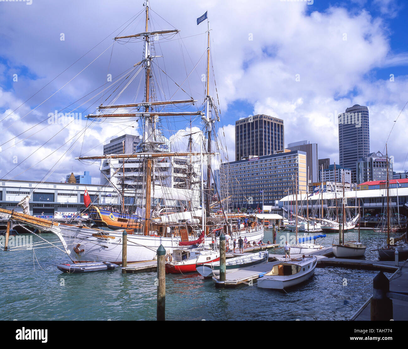 Auckland waterfront dal Museo Marittimo Nazionale, Quay Street, Auckland, Regione di Auckland, Nuova Zelanda Foto Stock