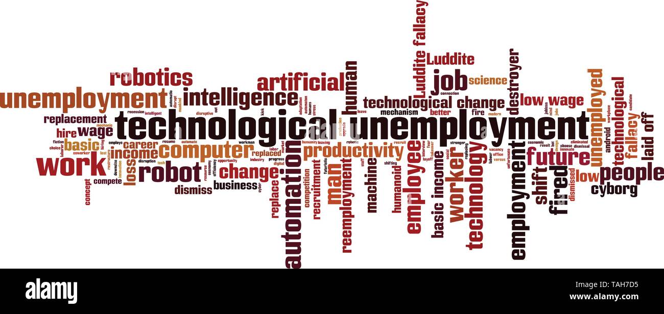 Disoccupazione tecnologica il concetto di cloud. Collage fatto di parole sulla disoccupazione tecnologica. Illustrazione Vettoriale Illustrazione Vettoriale