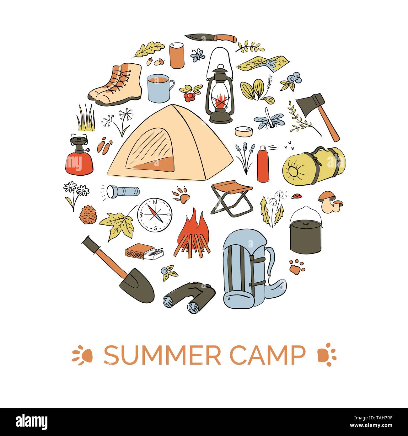 Camping card modello. Forma di bolla. Summer Camp. Escursionismo icone colorate stile di disegno impostato. Illustrazione Vettoriale