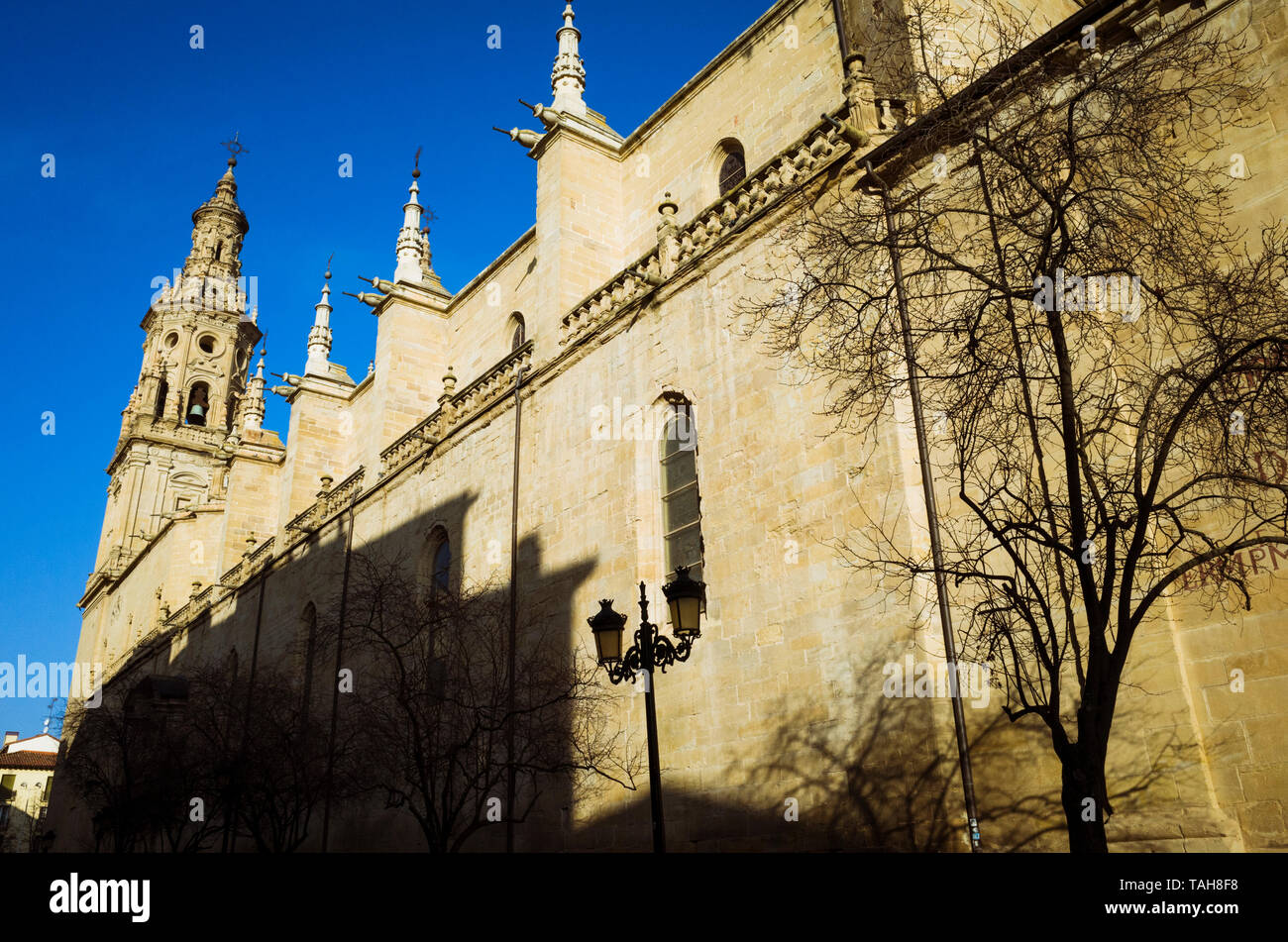 Logroño, La Rioja, Spagna - Febbraio 15th, 2019 : facciata a sud di la Concattedrale di Santa Maria della Redonda lungo Calle Portales street. Foto Stock