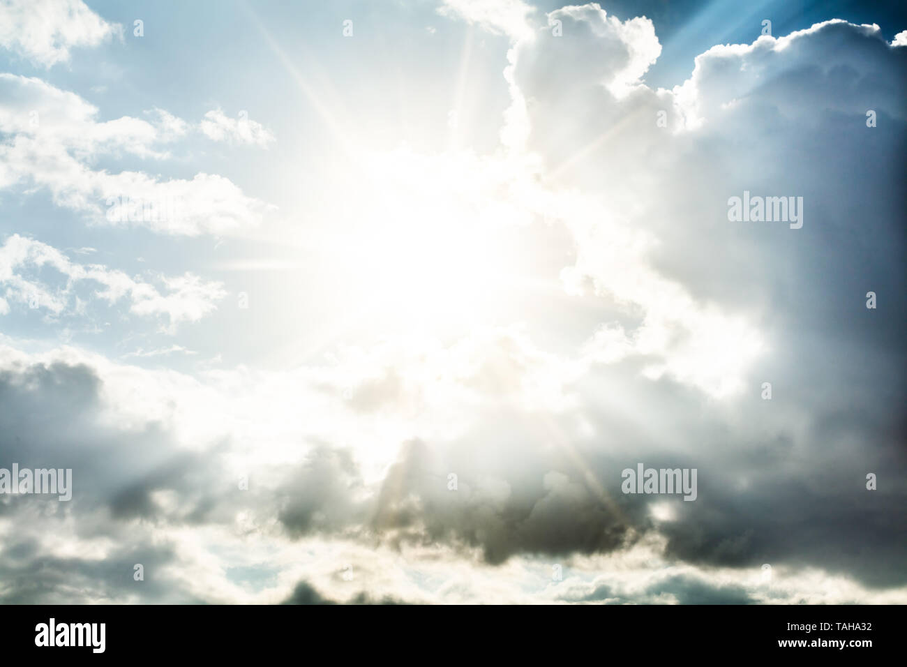 Telaio pieno di luce del sole che esplodevano in cielo blu Foto Stock