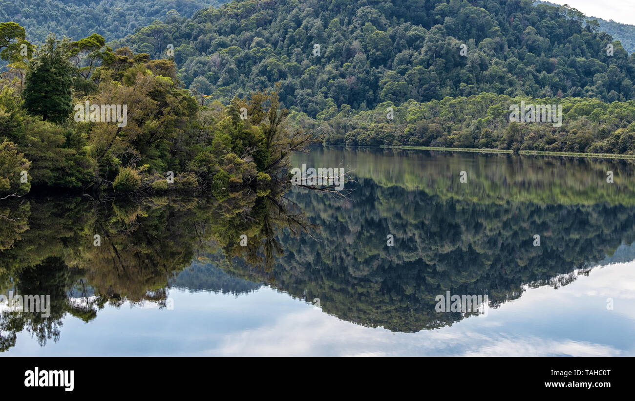 Riflessioni sul fiume Gordon, Tasmania Foto Stock