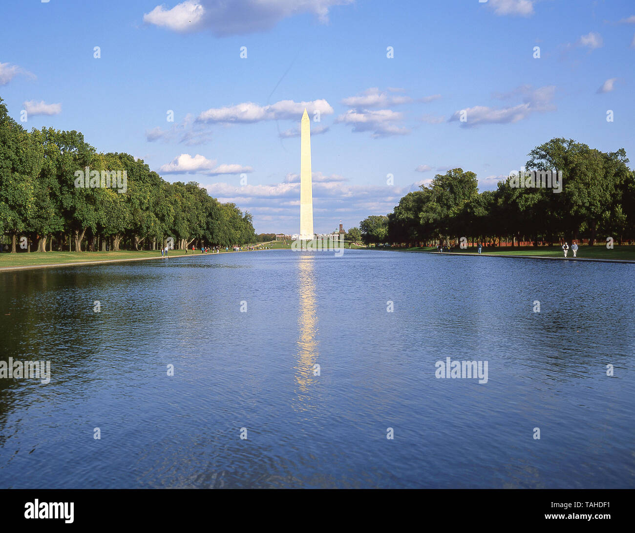 Il Monumento a Washington e il Lincoln Memorial stagno riflettente, Washington DC, Stati Uniti d'America Foto Stock