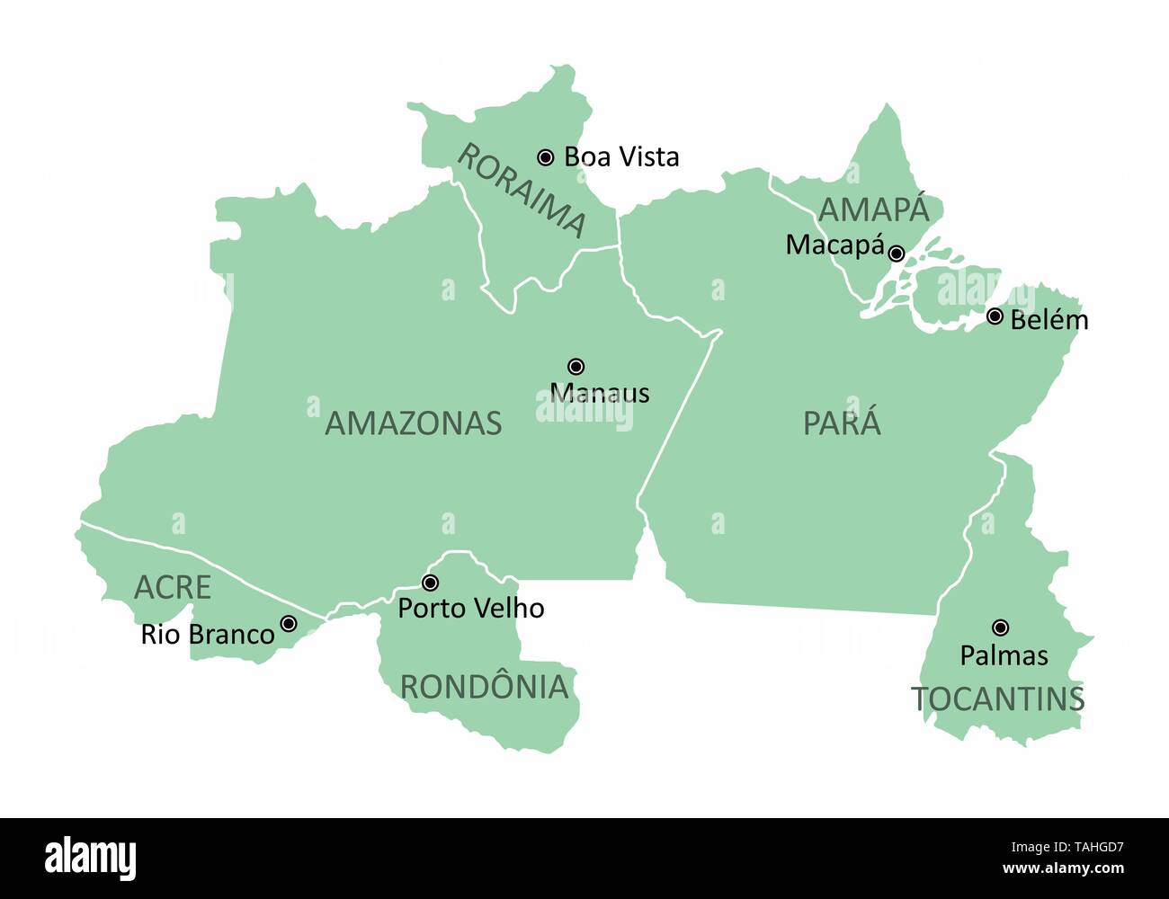 Mappa del Brasile nord regione isolata su sfondo bianco Illustrazione Vettoriale