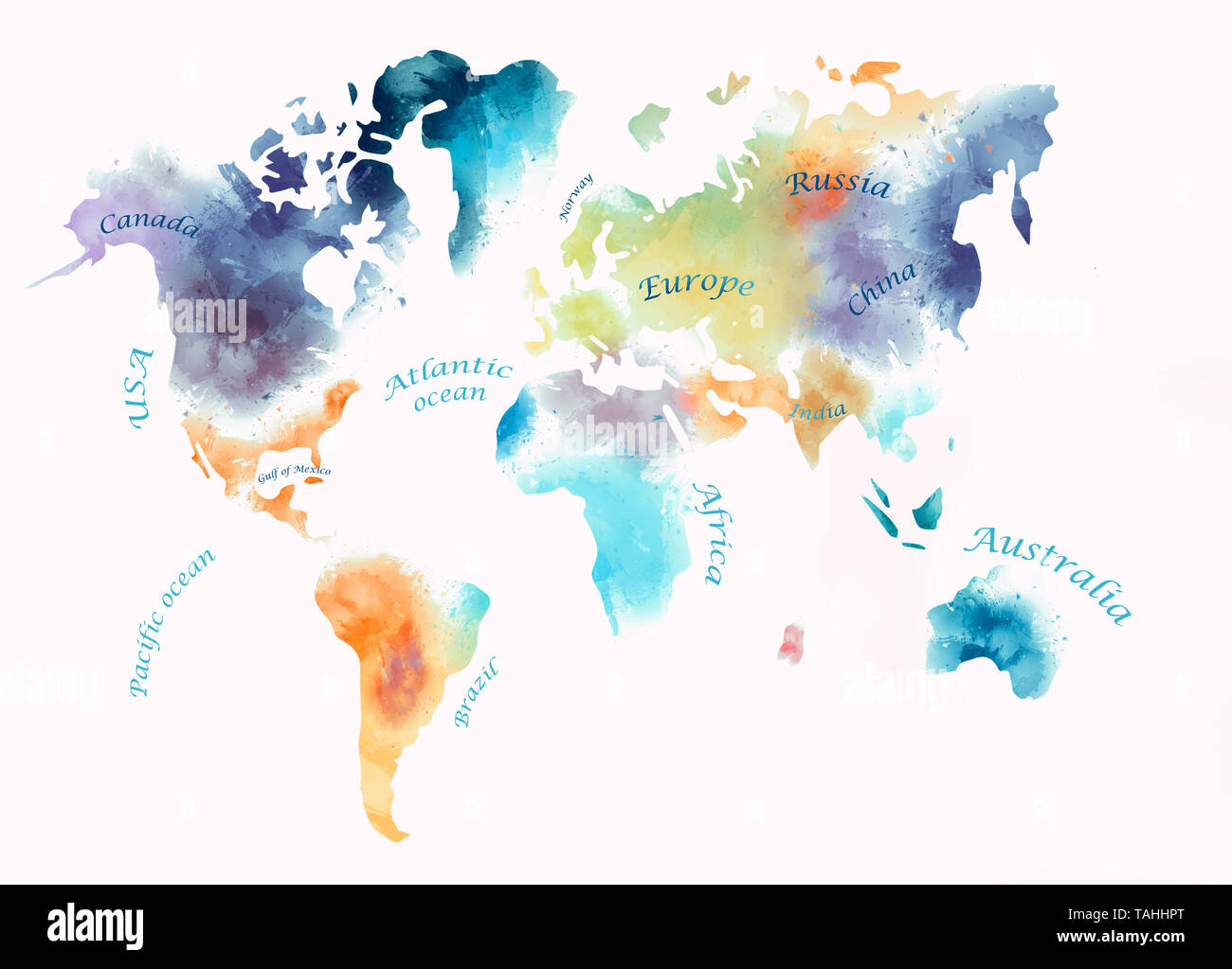 Mappa mondo illustrazione ad acquerello Foto Stock