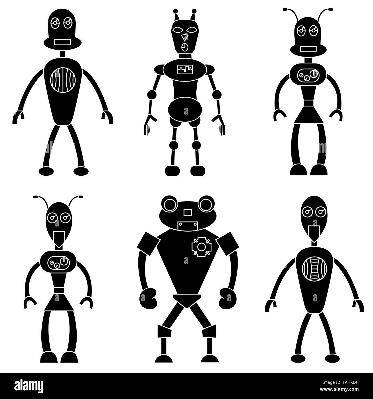 Serie di robot in stile semplice. Stock isolato illustrazione vettoriale Illustrazione Vettoriale