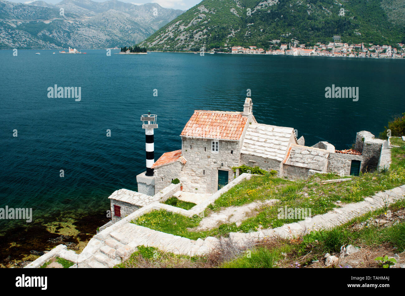 Vista panoramica della Baia di Kotor, Perast, Montenegro Foto Stock