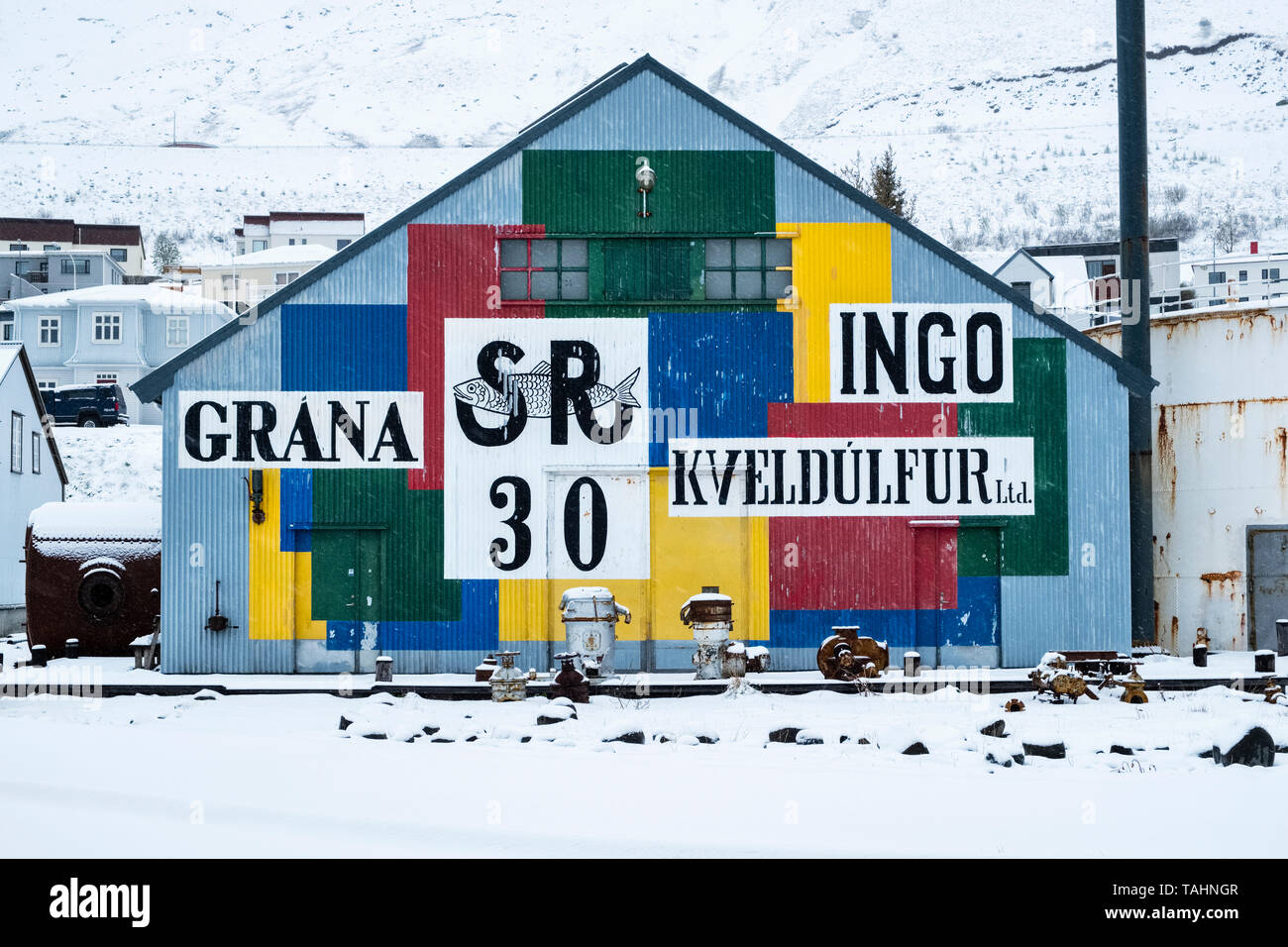 Uno degli edifici di aringhe era Museum a Siglufjörður, la città più settentrionale in Islanda Foto Stock