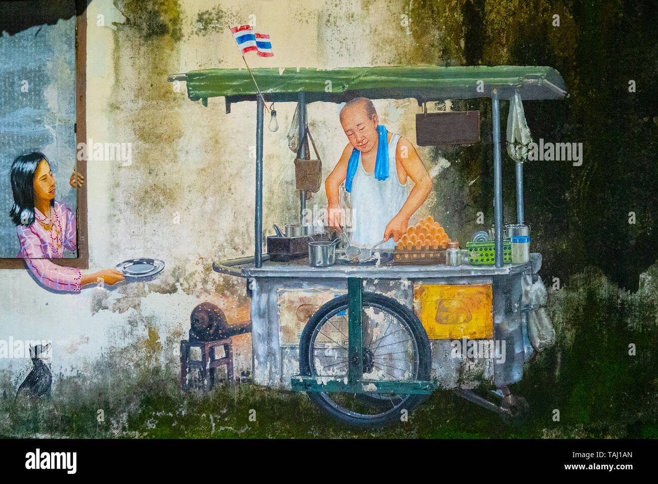 Arte di strada la pittura di Thai street food su una parete sull'Isola di Phuket in Thailandia, Asia Foto Stock