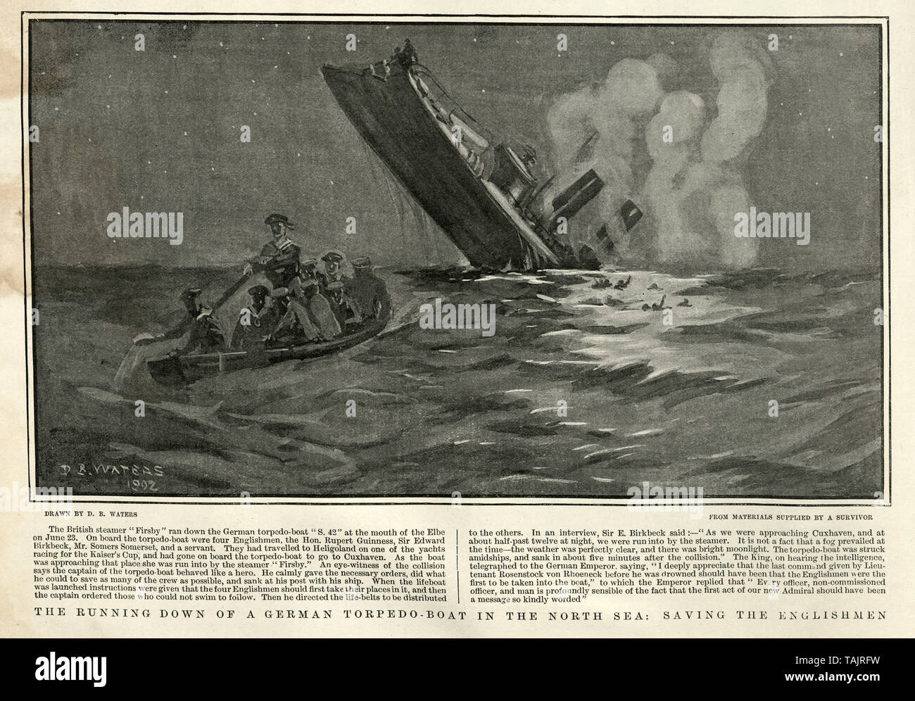 Il tedesco torpediniera S.M.S. S 42 affondamento dopo essere stato colpito dalla nave mercantile britannica S.S. Firsby il 24 giugno 1902 in estuario l'Elba Foto Stock