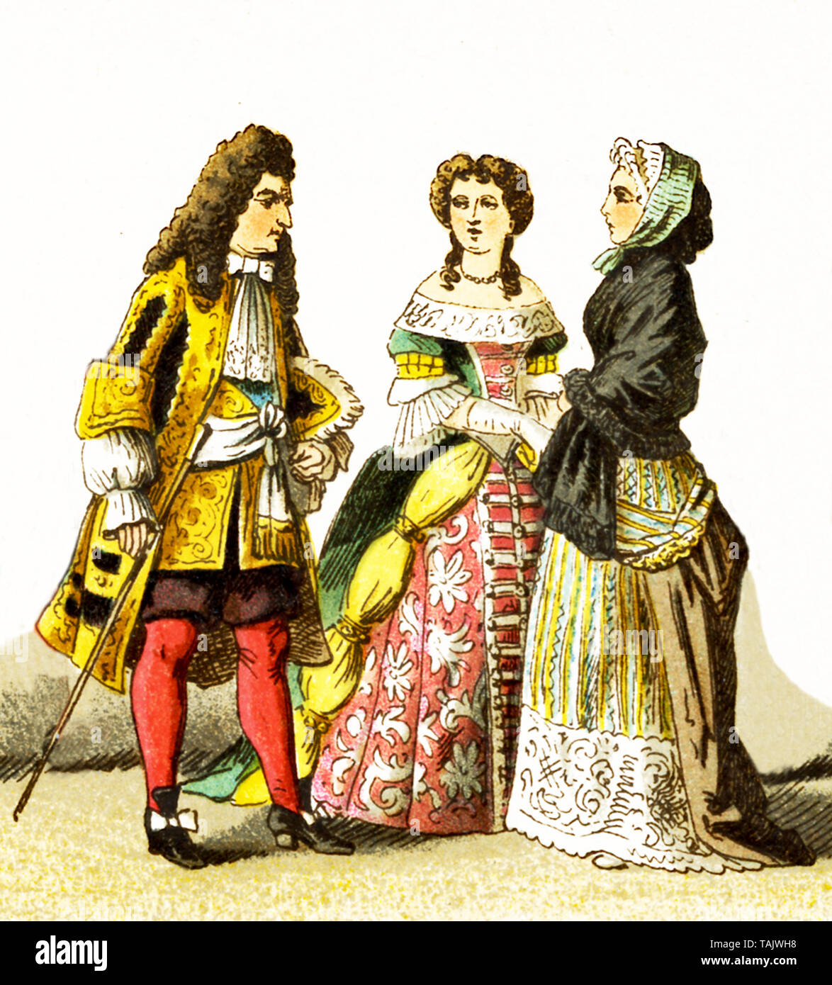Le figure qui rappresentate sono il popolo francese intorno al 1600. Essi sono, da sinistra a destra: Luigi XIV nel 1680, signora di rango, signora di rango in semplici vestiti. L'illustrazione risale al 1882. Foto Stock