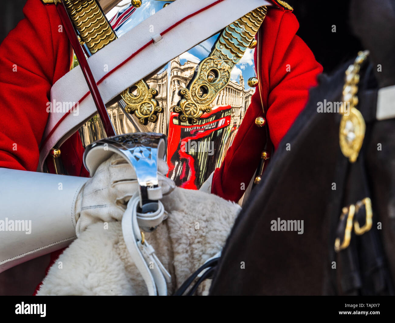 Horse Guards Londra - Close up dettaglio di un soldato montato della cavalleria della famiglia vita delle guardie in guardia su Whitehall, Londra Centrale Foto Stock